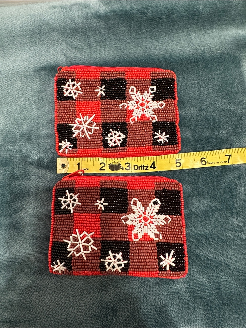 Red Plaid Beaded Snowflake Zippered Coin Pouch-New